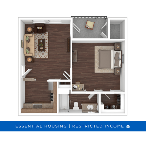 Floor plan for 1 bed, 1 bath, 597 sqft